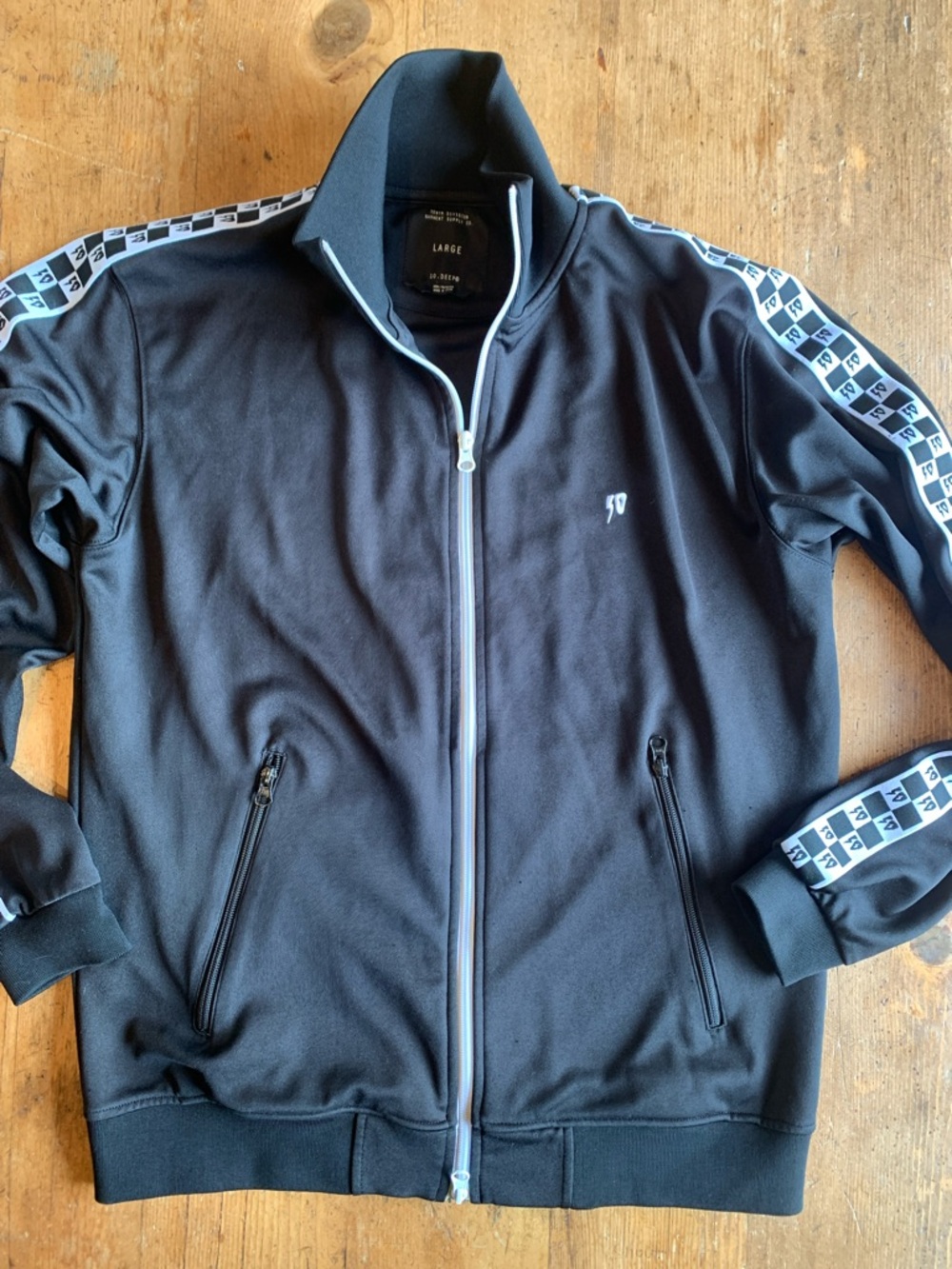 10.Deep Black Track Bomber Jacket with White Accent Tape - Picture 3 of 16
